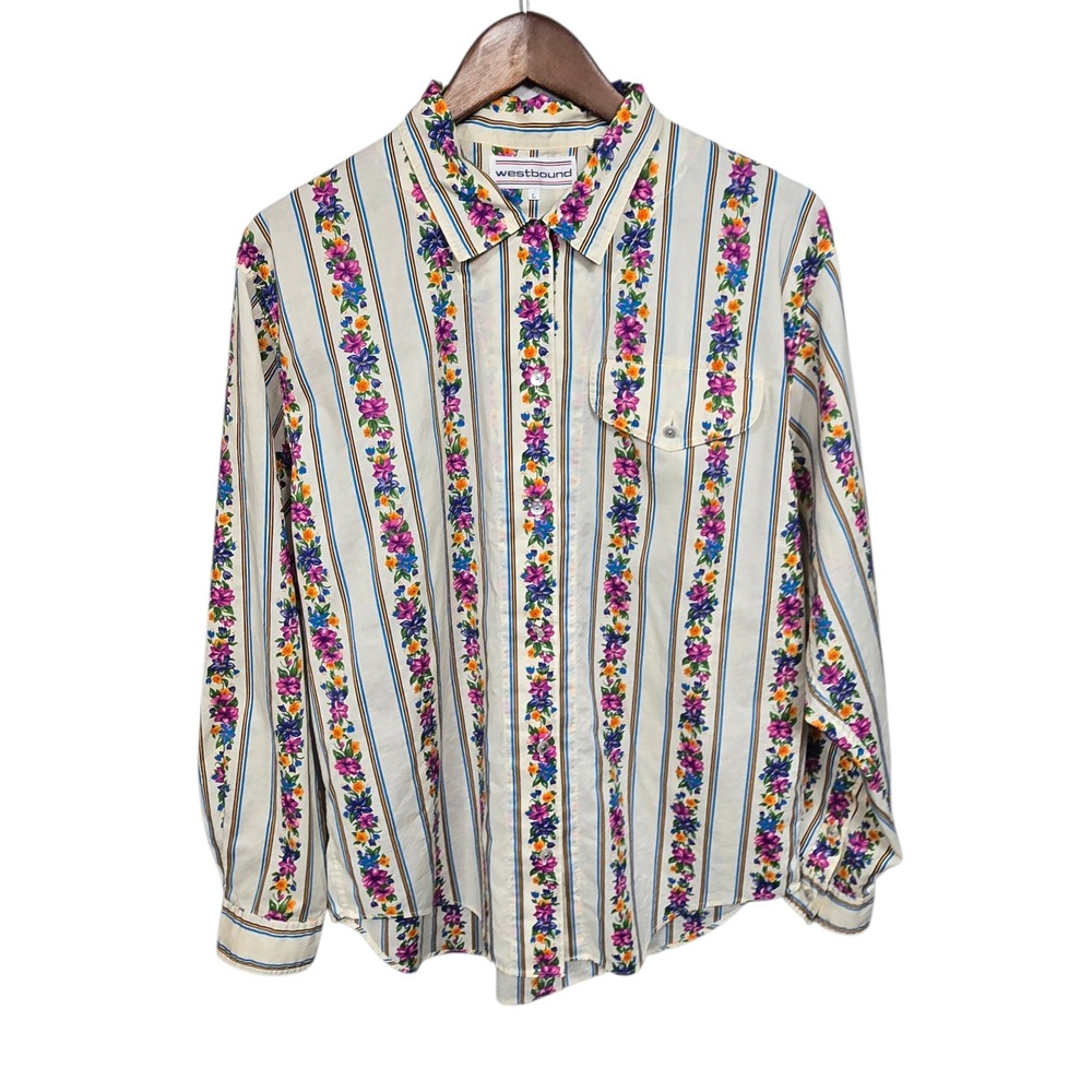 Westbound Vintage Floral Striped Button Down Shirt White 100% Cotton Large